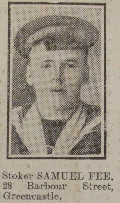 Fee, Samuel, Stoker, RN HMS Hawke, 28 Barbour Street Belfast, Died, Oct 1914