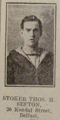 Sefton, Thomas H, Stoker, RN HMS Hawke, 20 Kendal Street Belfast, Died, Oct 1914