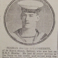 McCaugherty, David, Able Seaman, RN HMS Hawke, 30 Hurst Street Belfast, Died, Oct 1914