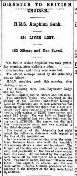 HMS Amphion Newsletter 7 Aug 1914