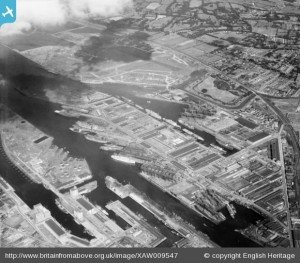 Harland & Wolff, Belfast, Belfast, Northern Ireland, 1947. Oblique aerial photograph taken facing East.