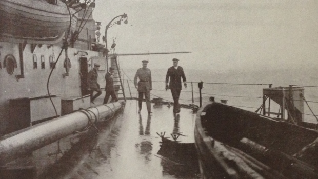 Lord Kitchener, left, is seen aboard the HMS Iron Duke on June 5, 1916, the day before his ill-fated voyage on the HMS Hampshire. (National Army Museum archives)