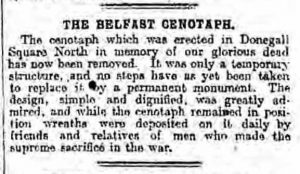 Belfast Cenotaph (Belfast News Letter, 20-08-1919)